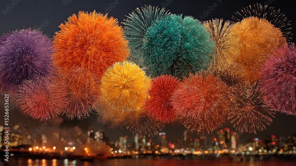 Poster a sequence of fireworks in different colors bursting one after another, creating a rhythmic light sh
