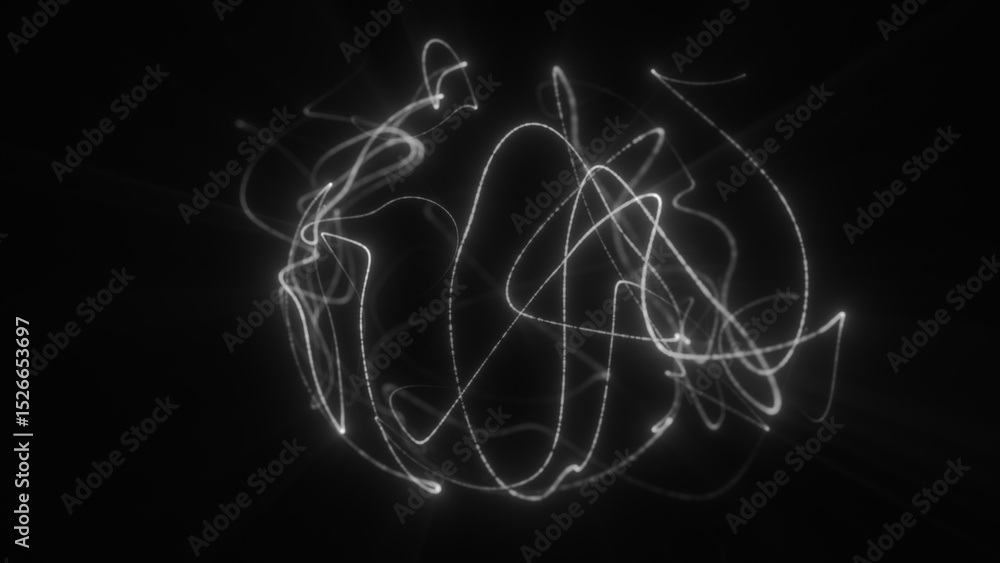 Poster abstract glowing white lines swirling in dark space, creating dynamic futuristic motion with light t