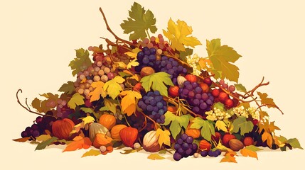 Autumn Harvest Still Life with Grapes, Figs, Pumpkins, and Leaves in Warm Light