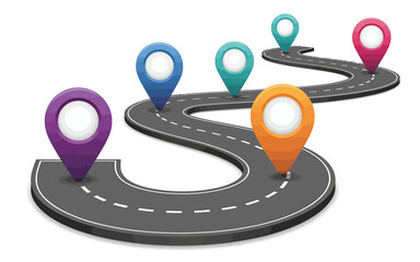 3D Rendered Curved Road Diagram Visualizing Journey Milestones and Route Planning