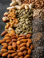 Naklejka premium beautifully arranged flat lay of various nuts and seeds, showcasing a diverse selection of these nutritious foods. such as recipe blogs, nutrition articles, or marketing materials for health food prod