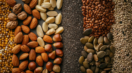 beautifully arranged flat lay of various nuts and seeds, showcasing a diverse selection of these nutritious foods. such as recipe blogs, nutrition articles, or marketing materials for health food prod