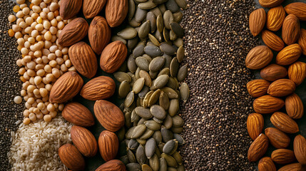 beautifully arranged flat lay of various nuts and seeds, showcasing a diverse selection of these nutritious foods. such as recipe blogs, nutrition articles, or marketing materials for health food prod