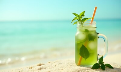 Mint-Infused Refreshing Beverage in Rustic Mason Jar on Tropical Beach
