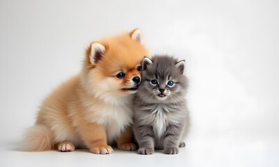 Adorable Puppy and Kitten with Friendly Expression Playing Together against White Background