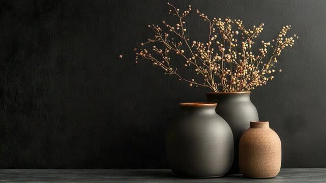 Elegant arrangement of three ceramic vases with dried branches against a dark background
