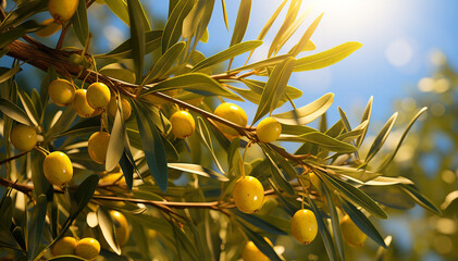 Olive branch closeup. Olive tree with many olives on plantation nature background. Natural organic food. Copy space. Banner
