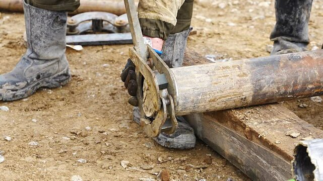 Opening of container with soil sample extracted from borehole. Preparation of core material for visual inspection and laboratory testing