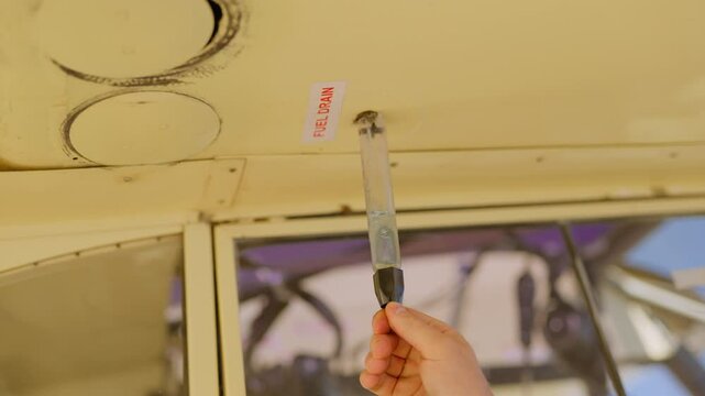 Closeup of fuel drain emptying for fuel sample inspection by hand through tube and closing of fuel drain by hand during daytime in Kenya