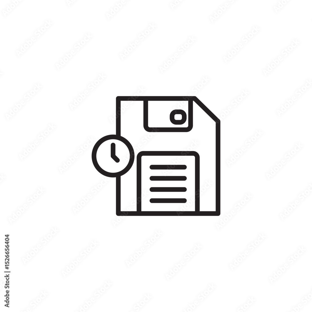 Poster a black outline icon of a floppy disk with lines representing data, and a clock icon next to it, sug