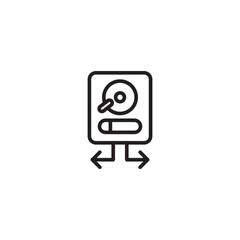 A black outline icon depicting a hard drive or server with a disk and a progress bar, accompanied by two horizontal arrows pointing outwards, suggesting data transfer, storage management, or network a