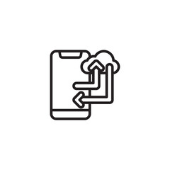 Fototapeta premium A black outline icon depicting a smartphone with a cloud and two arrows (one pointing up to the cloud, one pointing down from the cloud to the phone), symbolizing cloud synchronization or data transfe