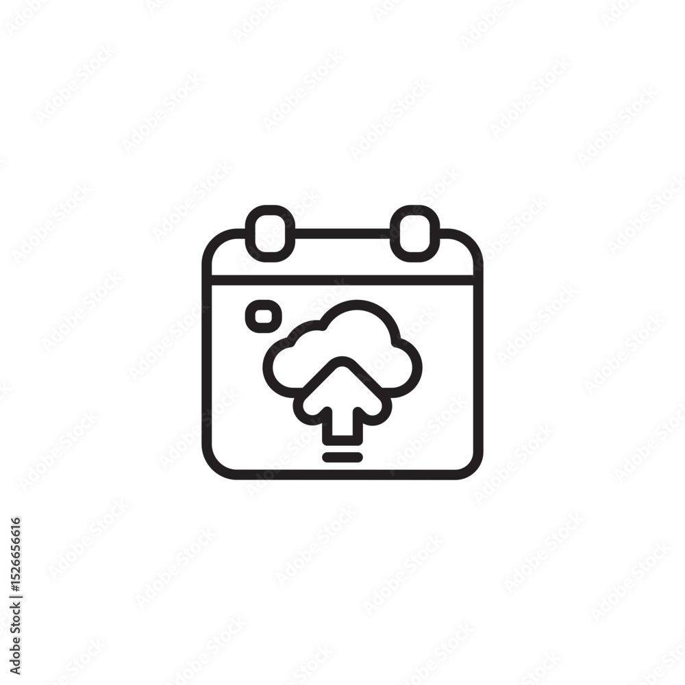 Poster a black outline icon of a calendar with a cloud and an upward arrow, signifying scheduled cloud uplo