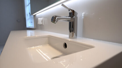 Modern Under-Mount Sink with Sleek Chrome Faucet and Backlit Mirror