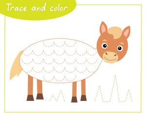 Trace and color horse. Connect the lines. Hand Trainer. Recipe for children.