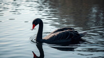 A black swan swims on the water its reflection visible