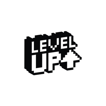 isometric level up button 8 bit text level up Pixel art 8-bit for game you win