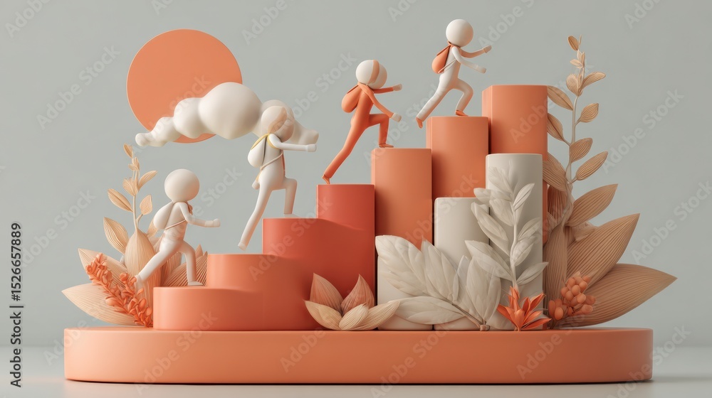 Poster career growth steps infographic with 3d characters climbing stairs in success-themed color palette t