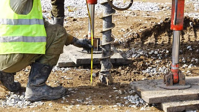 Close-up of soil sampling during pile drilling process. Extraction of subsurface material for geotechnical analysis and foundation assessment