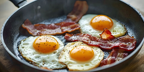 fried eggs  and bacon in a frying pan, ai generated.