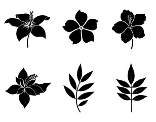 Silhouettes of hibiscus flowers and leaves