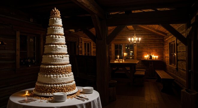 A large multitiered cake on a round table inside a log cabin with candles a chandelier and rustic furniture