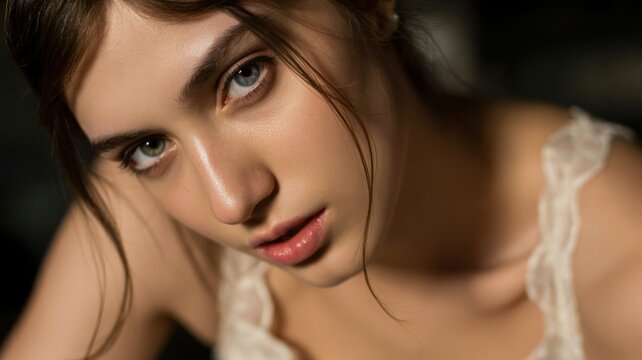 Close-up portrait of young caucasian female with intense gaze