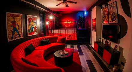 Spectacular Comic Themed Game Room With Red Accents And Unique Design