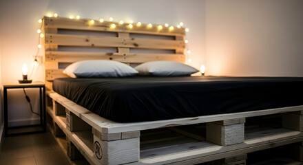 Cozy Bedroom Featuring Pallet Bed Frame With Lights and Minimalist Decor