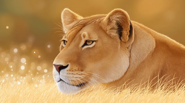 Golden Lioness Resting Gracefully on a Golden Savanna Under Warm Sunlight