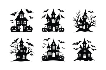 Classic haunted house with pumpkin decoration vector illustration