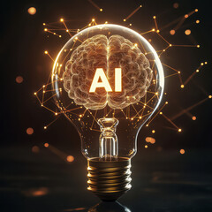 A high-quality, ultra-detailed concept image of a traditional light bulb standing upright on a dark gradient background. High quality photo