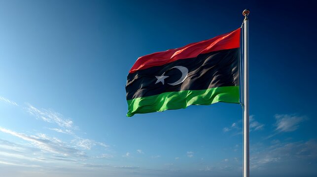 Flag of Libya waving proudly on Independence Day against a clear sky backdrop