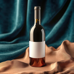 A dark elegant wine bottle standing upright on a soft, cream-colored fabric background, with soft natural lighting casting gentle shadows. High quality photo