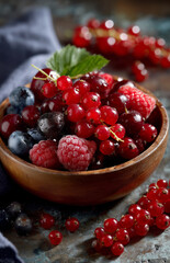 Wooden bowl overflowing with fresh and frozen summer berries