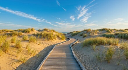 A winding wooden boardwalk cuts through sand dunes leading towards a distant ocean horizon under a partly cloudy sky