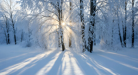 Obraz premium Sunlit Winter Wonderland Landscape With Trees Covered In Frosty Snow