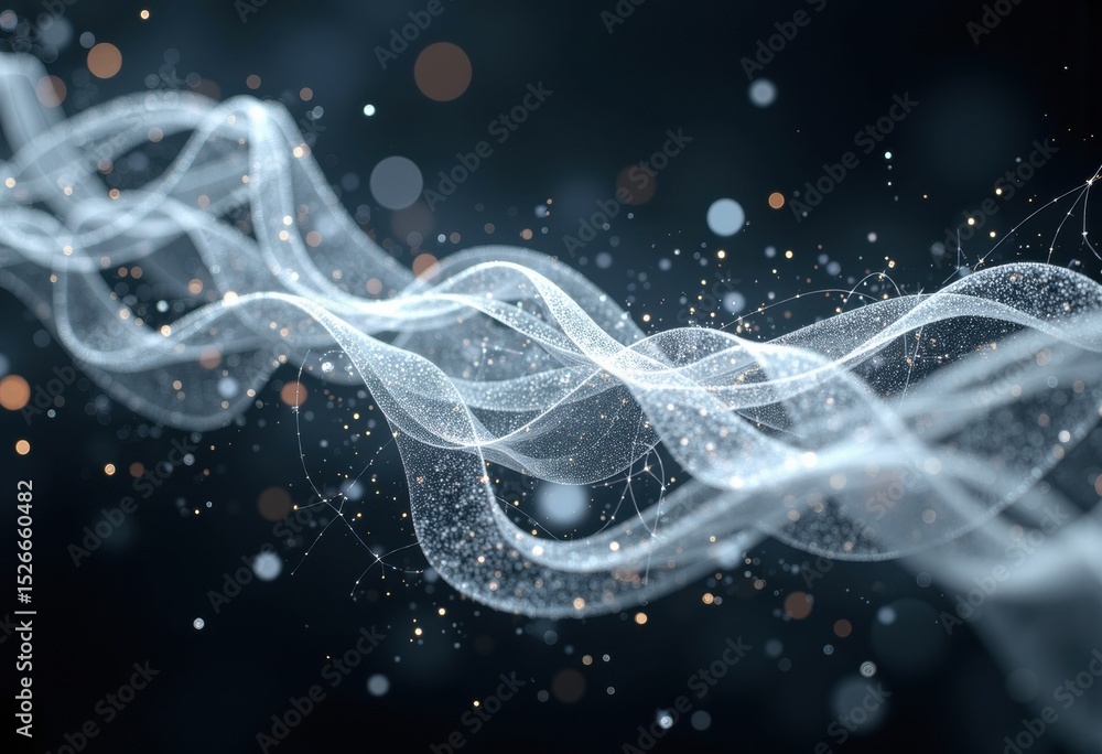 Poster abstract digital wave with glowing particles and flowing lines on dark background