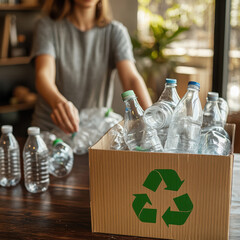 A person in a casual T-shirt sorting plastic bottles into a cardboard box with a green recycling symbol printed on it. High quality photo