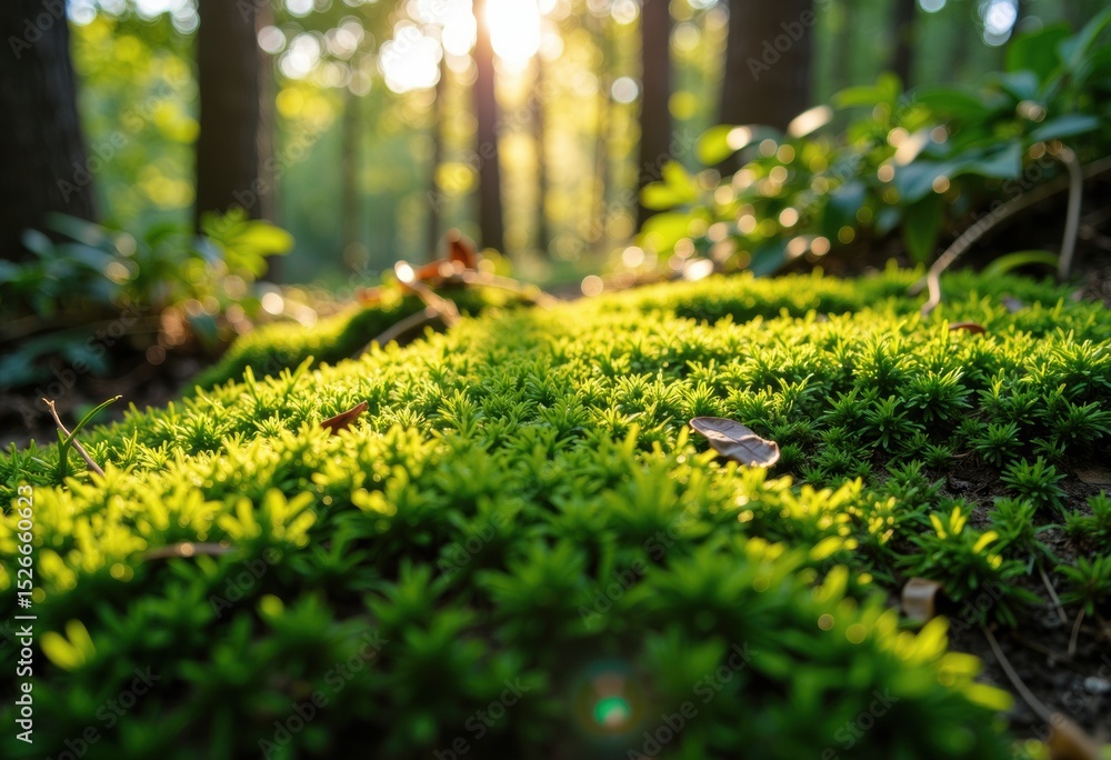 Poster lush green moss covering the forest floor with sunlight filtering through trees in the background