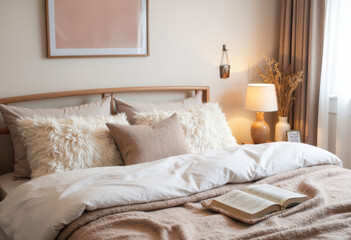 Cozy bedroom with soft pillows, warm lighting, and an open book on the bed