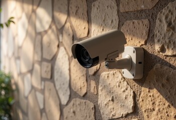 Security camera mounted on a textured stone wall, providing surveillance
