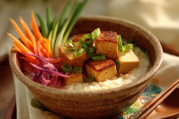 Delicious Bowl of Creamy Rice with Golden Fried Tofu and Colorful Fresh Vegetables in a Rustic Ceramic Dish