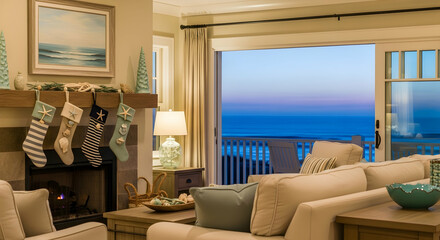 Coastal Christmas: Living Room Featuring Beachside View and Festive Holiday Decorations