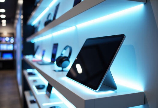 Modern electronic tablets displayed on a sleek illuminated store shelf in a technology shop