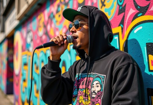 Young male rapper performing outdoors against a colorful graffiti wall