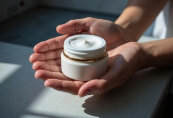 A person holding a jar of cream in their hands, showcasing skincare
