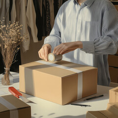 A high-quality, ultra-detailed image of a person wearing a light blue or grey striped shirt, taping a cardboard shipping box on a white desk. High quality photo