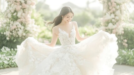 Fototapeta premium A radiant bride in a flowing, embroidered wedding gown.