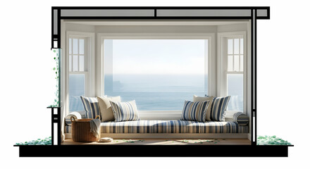 Inviting Window Seat Overlooking Calming Ocean View With Neutral And Striped Pillows